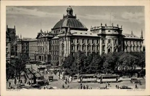 Ak München, Justizpalast, Straßenbahnen