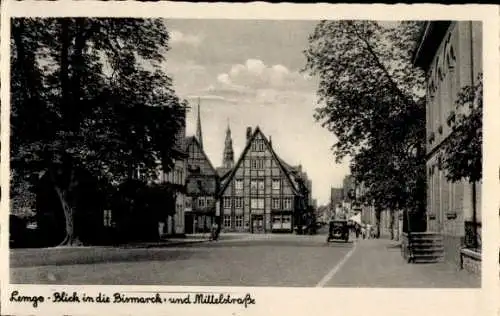 Ak Lemgo in Lippe, Bismarckstraße und Mittelstraße, Fachwerkhaus, Kirchtürme