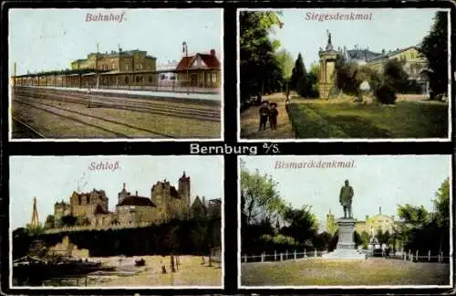 Ak Bernburg an der Saale Salzlandkreis, Bahnhof, Siegesdenkmal, Schloss