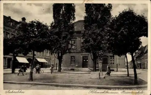 Ak Aschersleben in Sachsen Anhalt, Holzmarktbrunnen, Beamtenschule