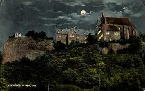 Ak Mansfeld im Harzvorland, Schloss Mansfeld bei Nacht, Vollmond