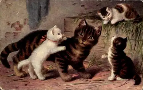 Ak Katzenfamilie, Kiste, Stroh, Kätzchen