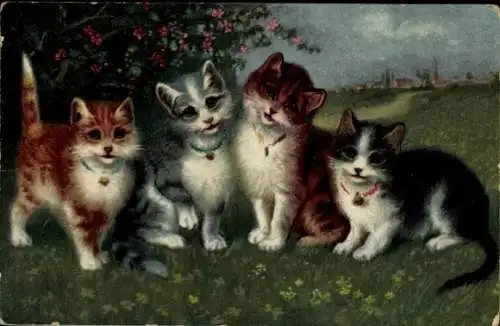 Ak Vier junge Katzen, Blumenwiese