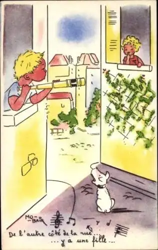 Künstler Ak Junge beobachtet Mädchen mit einem Fernrohr