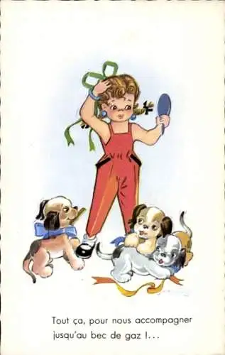 Künstler Ak Mädchen mit Handspiegel und Hunden