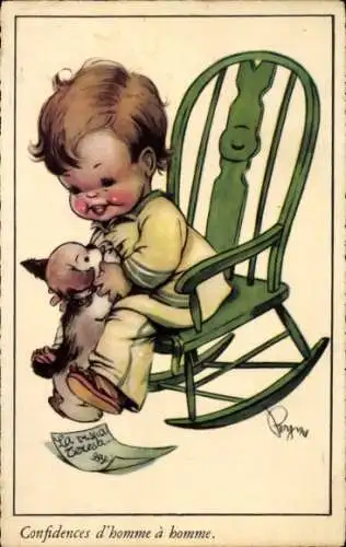 Künstler Ak Junge auf einem Schaukelstuhl, Hund
