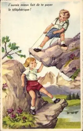 Künstler Ak Zwei Kinder beim Bergsteigen, Junge zieht Mädchen am Seil hoch