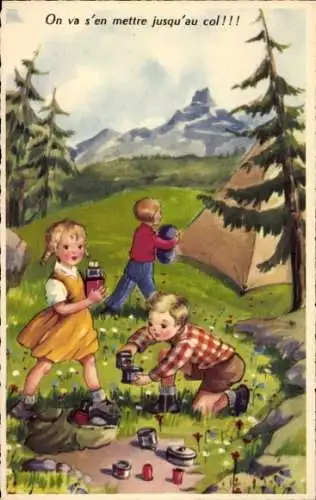 Künstler Ak Kinder beim Camping, Zelt, Gebirge