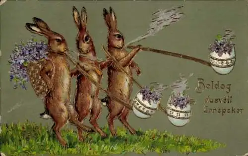 Präge Ak Glückwunsch Ostern, Osterhasen, Ostereier, Blumen