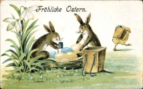 Präge Ak Glückwunsch Ostern, Osterhasen bemalen Eier, Küken