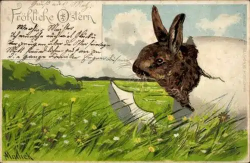 Präge Litho Mailick, Glückwunsch Ostern, Hase im Ei, Eierschale