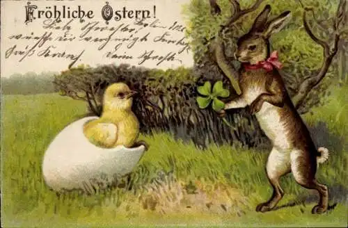 Präge Litho Glückwunsch Ostern, Osterhase, Glücksklee, Küken