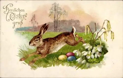 Ak Glückwunsch Ostern, Osterhase, Ostereier, Schneeglocken