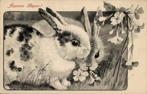 Ak Glückwunsch Ostern, Zwei Hasen beim Essen, Blumen