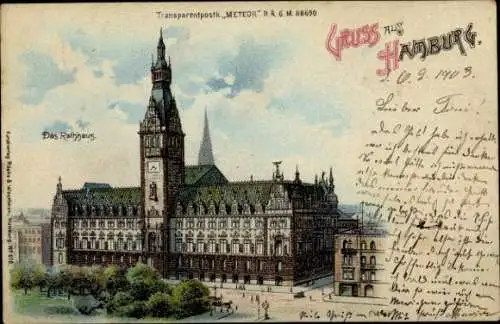 Haltgegendaslicht Litho Hamburg, Ansicht vom Rathaus, Meteor 518