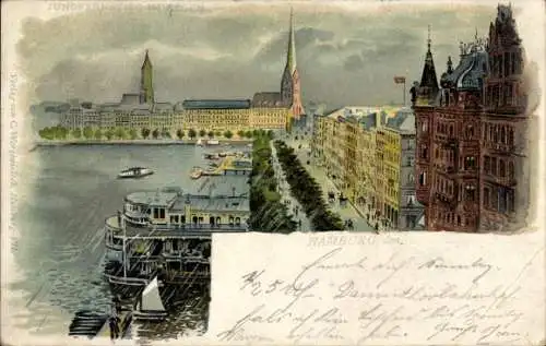 Litho Hamburg Mitte Neustadt, Jungfernstieg im Regen