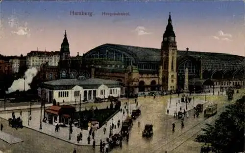 Ak Hamburg, Hauptbahnhof, Straßenseite, Passanten, Straßenbahnen