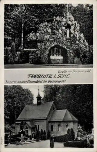 Ak Trzebnica Trebnitz Schlesien, Grotte im Buchenwald, Kapelle an der Einsiedelei