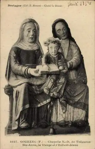 Ak Gouézec Finistère, Chapelle N.-D. de Treguron, Ste-Anne, la Vierge et l'Enfant-Jesus