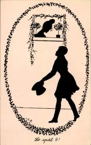 Scherenschnitt Ak Mann am Fenster, Traurige Frau, So spät?