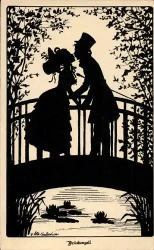 Scherenschnitt Künstler Ak Alt-Stuttersheim, Ov., Liebespaar, Kuss, Brückenzoll