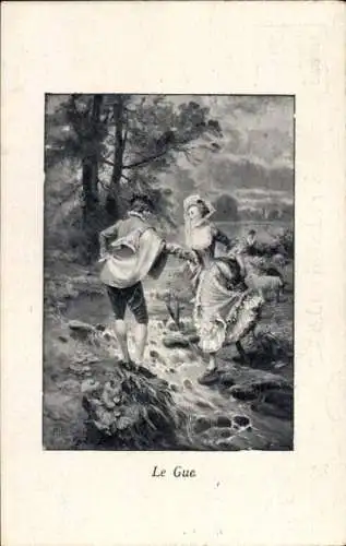 Ak Liebespaar, Flussüberquerung, Liebe, Schafe