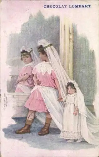 Ak Reklame, Chocolat Lombart, Mädchen mit Brautschleier und Puppe im Hochzeitskleid