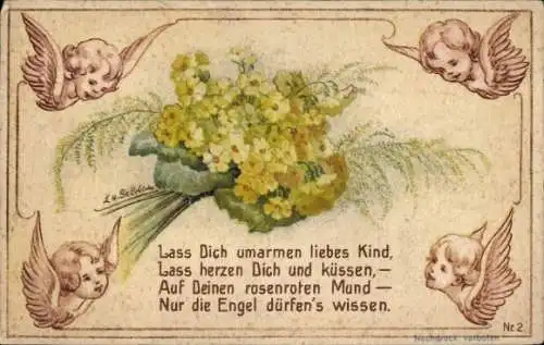 Ak Engel, Blumenstrauß, Lass Dich umarmen liebes Kind...