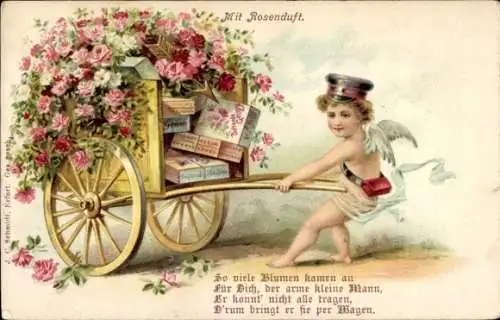 Ak Engel als Postbote, Handwagen, Pakete, Rosen