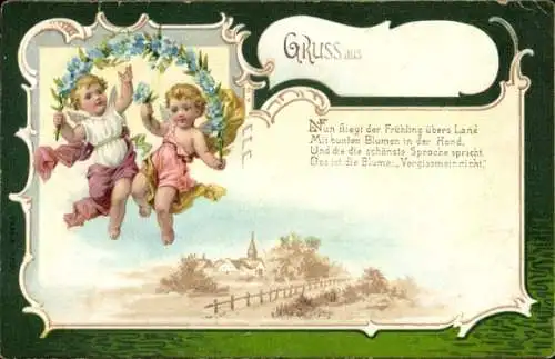 Litho Zwei kleine Engel, Vergissmeinnicht, Kitsch