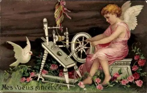 Präge Ak Engel am Spinnrad, Rosen, Taube