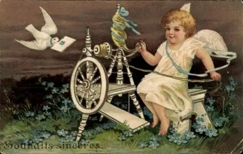 Präge Ak Engel am Spinnrad, Vergissmeinnicht, Taube