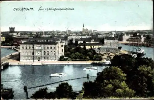 Ak Stockholm Schweden, Norra och Södra Blasieholmshamnen, Hafen, Teilansicht der Stadt