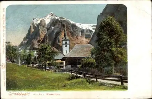 Litho Ak Grindelwald Kanton Bern, Kirche und Wetterhorn