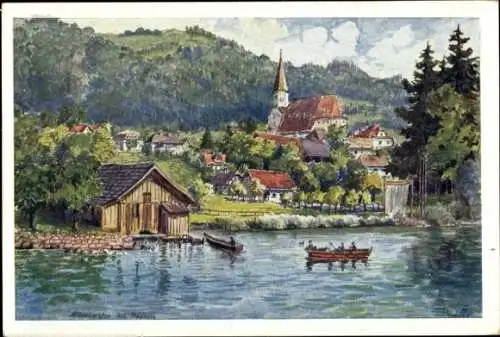 Künstler Ak Lebeda, Altmünster am Traunsee Oberösterreich, Teilansicht, Gmundnerberg