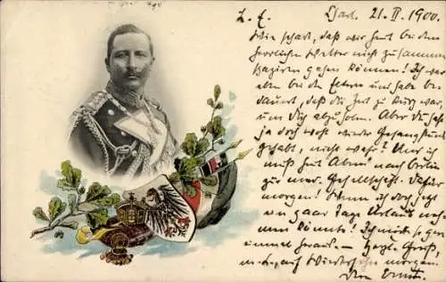 Ak Kaiser Wilhelm II., Portrait in Uniform, Fahnen, Wappen, Eichenlaub