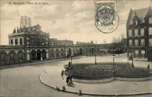 Ak Ronse Renaix Ostflandern, Bahnhofsplatz, Bahnhof