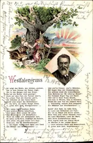 Lied Litho Westfalengruß, Dichter Emil Rittershaus, Portrait, Westfalenlied