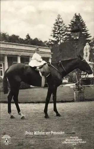 Ak Prinz Wilhelm von Preußen, Kinderportrait, auf einem Pferd, Marmorpalais Potsdam, 1908