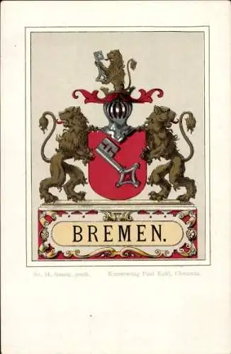 Künstler Wappen Litho Hansestadt Bremen, Wappen der Stadt