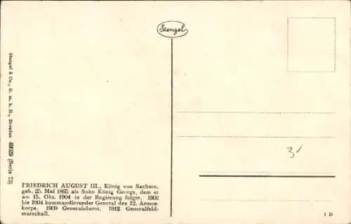 Ak König Friedrich August III. von Sachsen, Portrait, Uniform