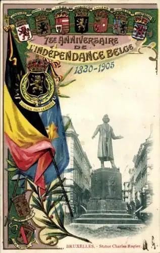 Wappen Ak Brüssel, 75. Jahrestag der belgischen Unabhängigkeit 1905, Statue Charles Rogier