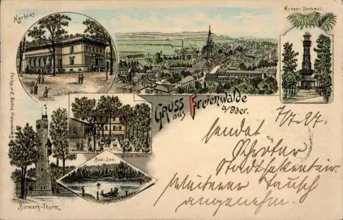 Litho Bad Freienwalde an der Oder, Bismarckturm, Kurhaus, Kriegerdenkmal, Grüne Tanne, Baa-See