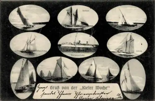 Ak Kiel, Kieler Woche 1906, Segelyacht Meteor, Hamburg, Iduna, SMY Hohenzollern