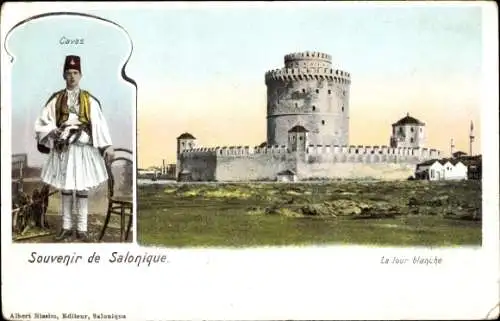 Ak Salonique Saloniki Thessaloniki Griechenland, Weißer Turm, Mann in Tracht