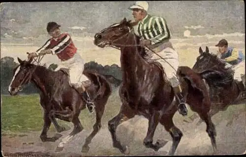 Künstler Ak Hoffmann, Anton, Pferderennen, Jockeys