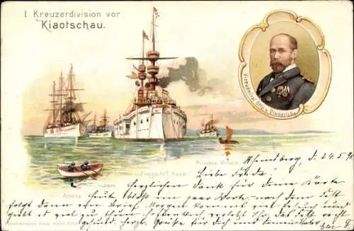 Litho I. Kreuzerdivision vor Kiaotschau, Flaggschiff Kaiser, Vizeadmiral Otto v. Diederichs, Arkona