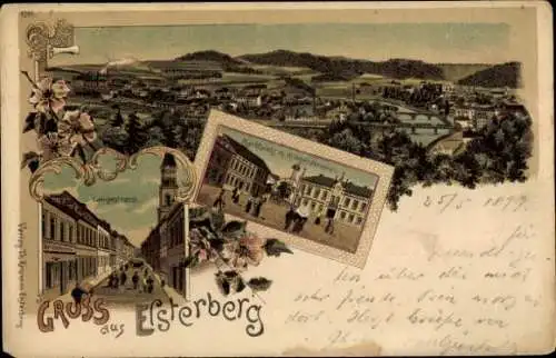 Litho Elsterberg im Vogtland, Marktplatz, Kriegerdenkmal, Totalansicht