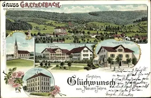 Litho Gretzenbach Kt. Solothurn Schweiz, Glückwunsch Neujahr, Schule, Kirche, Totalansicht