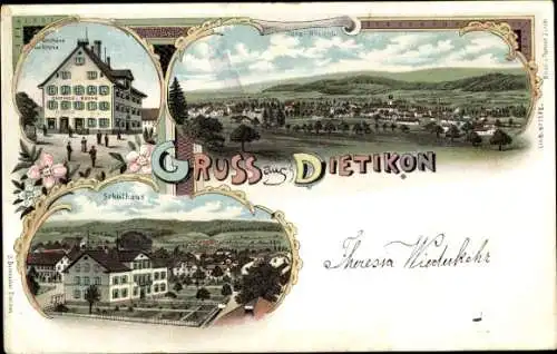 Litho Dietikon Zürich Stadt Schweiz, Schule, Gasthaus, Totalansicht